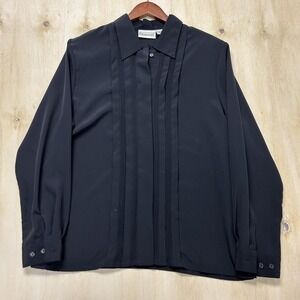 Vintage 90s Christie & Jill Blouse Womens 12 Black Pleated Long Sleeve Button Up